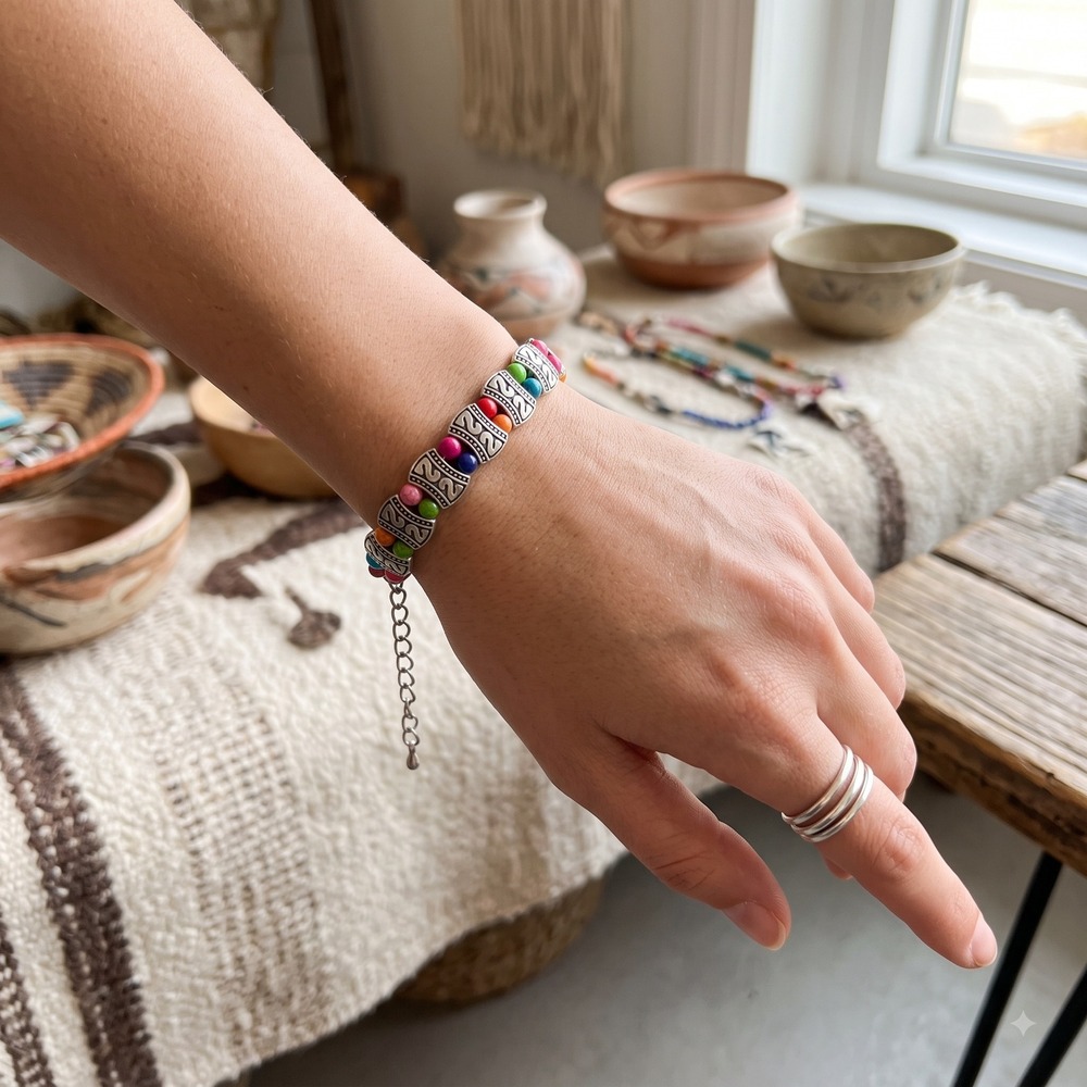 Boho Multi Color Beaded Bracelet Silver Tone Etched Spacers Adjustable Lobster